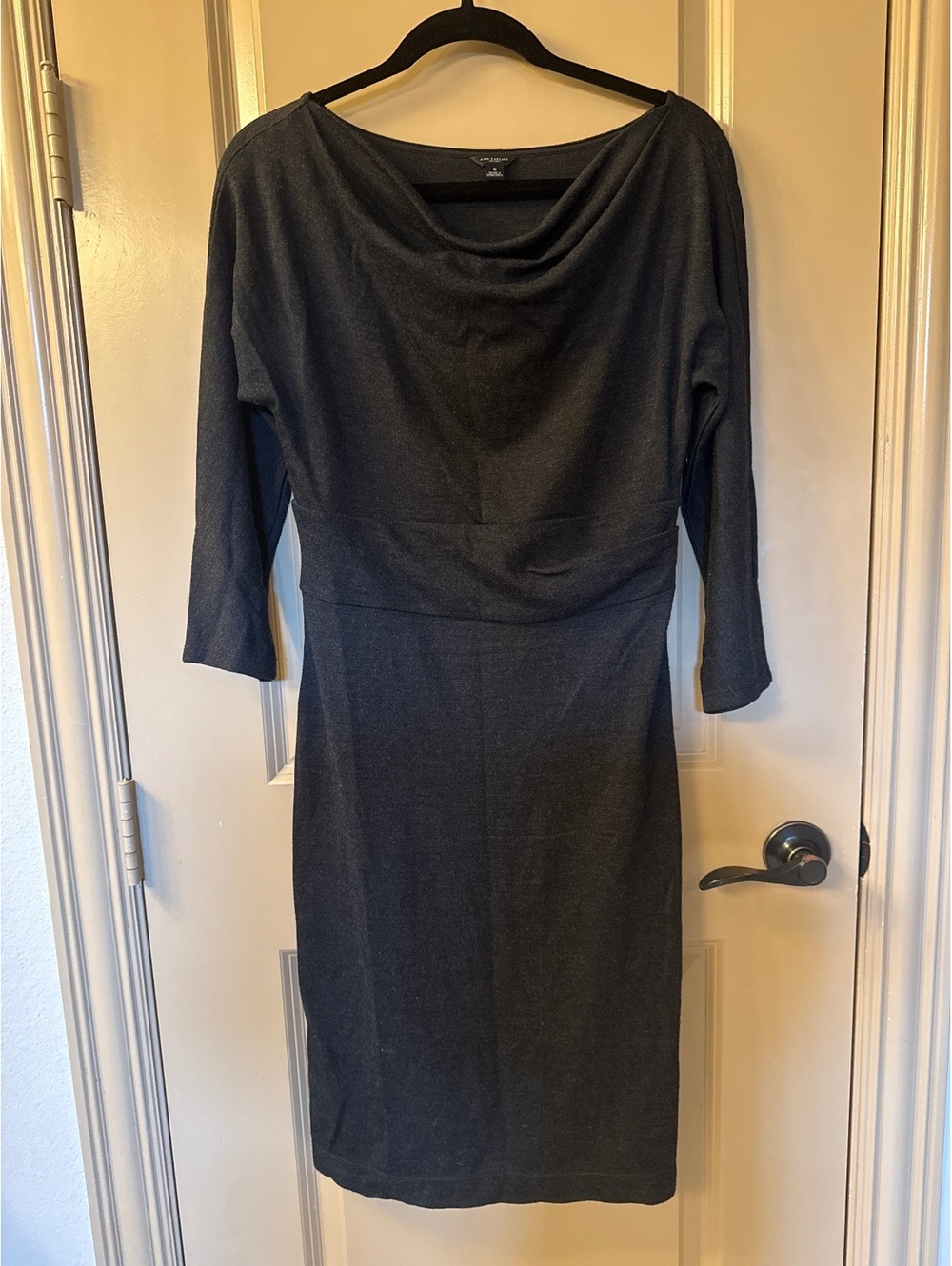 Anne Taylor Charcoal Gray Long Sleeve Midi Dress with Draped Neckline